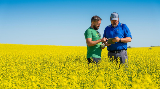 Deux agriculteurs dans un champ de colza