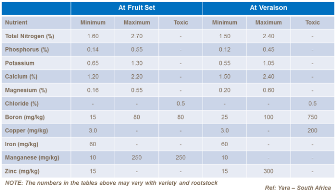 Tableau état nutritionnel du pétiole recommandé