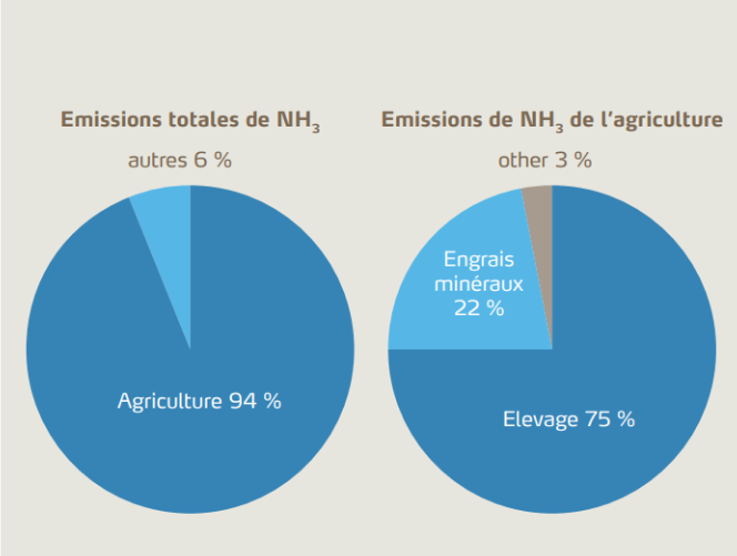 Part de l'agriculture dans les émissions totales d'ammoniac en Europe (à gauche) et détail des émissions provenant de l'agriculture